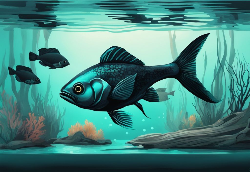 Modern digital painting of a teal-themed aquarium with exotic dark fish and driftwood, softly illuminated.