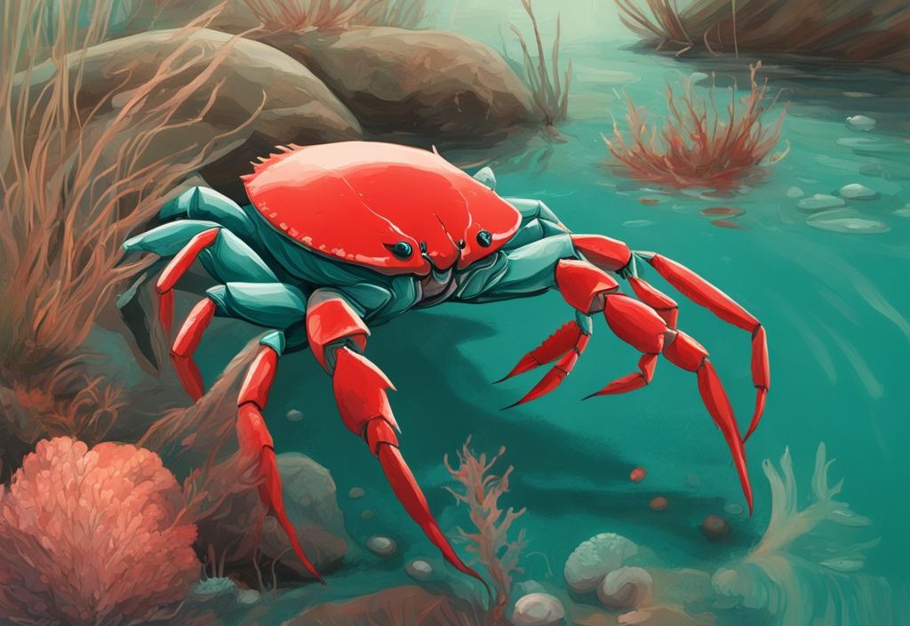 Digital painting of a Red Claw Crab in natural habitat, eating algae, detritus, and small invertebrates, with a teal color theme.