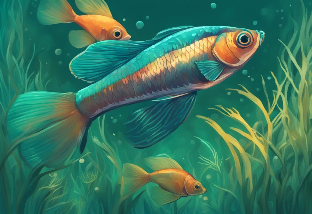 Vibrant underwater scene with guppy fish swimming through lush guppy grass in a modern digital painting, featuring a teal color theme.