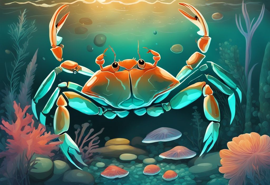 Modern digital painting of vibrant teal underwater scene with freshwater crabs interacting among aquatic plants and pebbles.