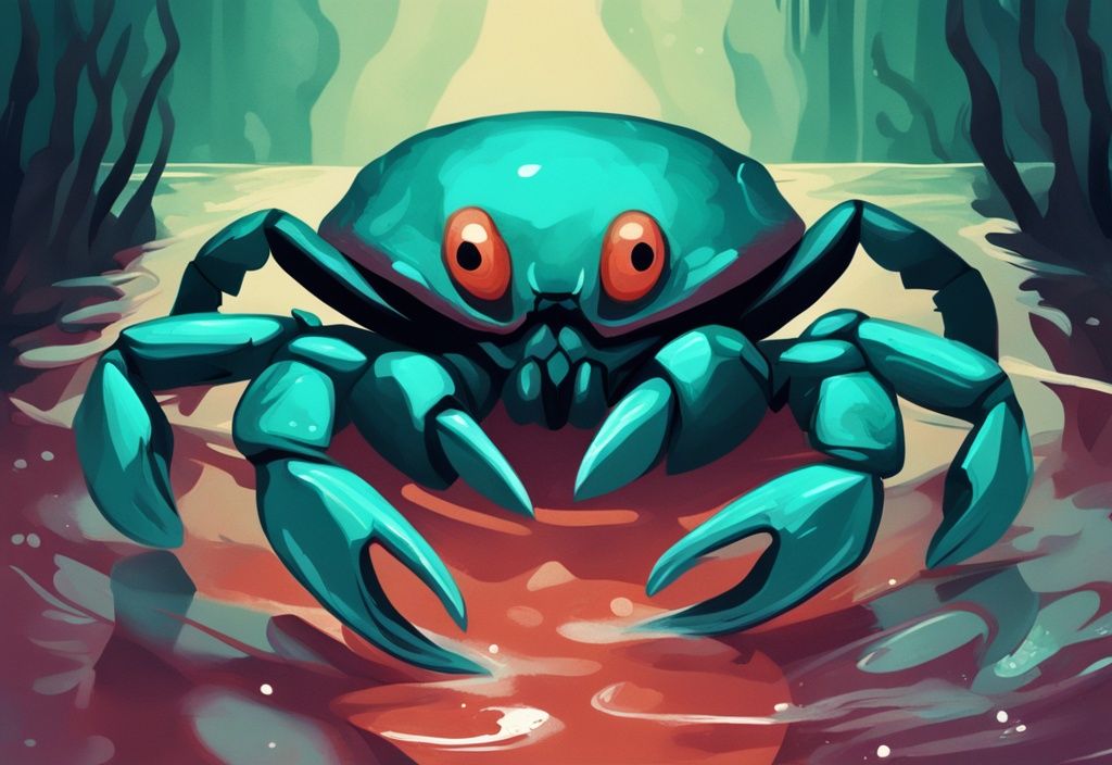 Vividly colored Vampire Crab in natural habitat, partially submerged in water, showcasing bright teal-themed claws, modern digital painting illustration.