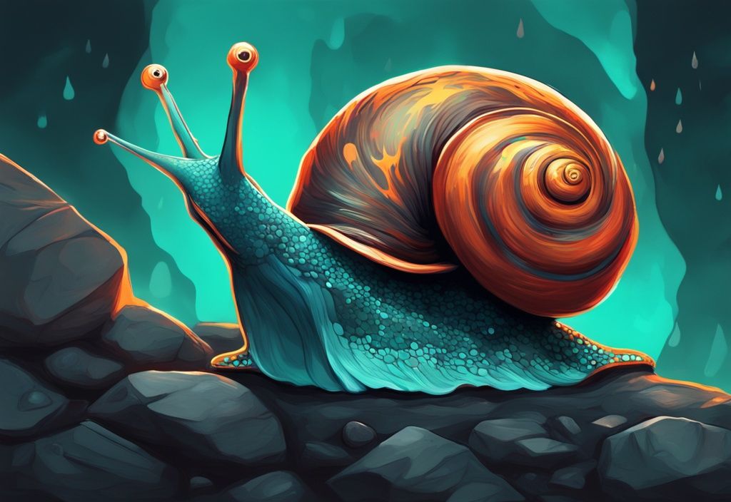 Vibrant snail with flame-like shell on dark rocky terrain, modern digital painting in teal theme.