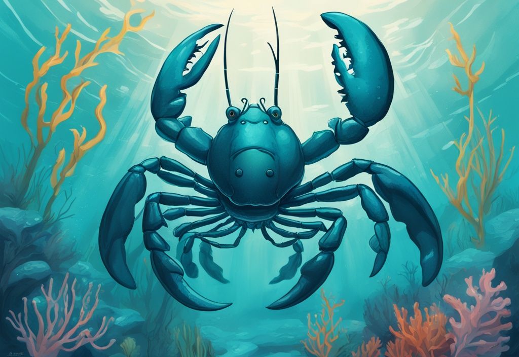 Modern digital painting of a vibrant blue Alleni Lobster in underwater habitat, featuring teal color theme with labeled key features and behaviors.