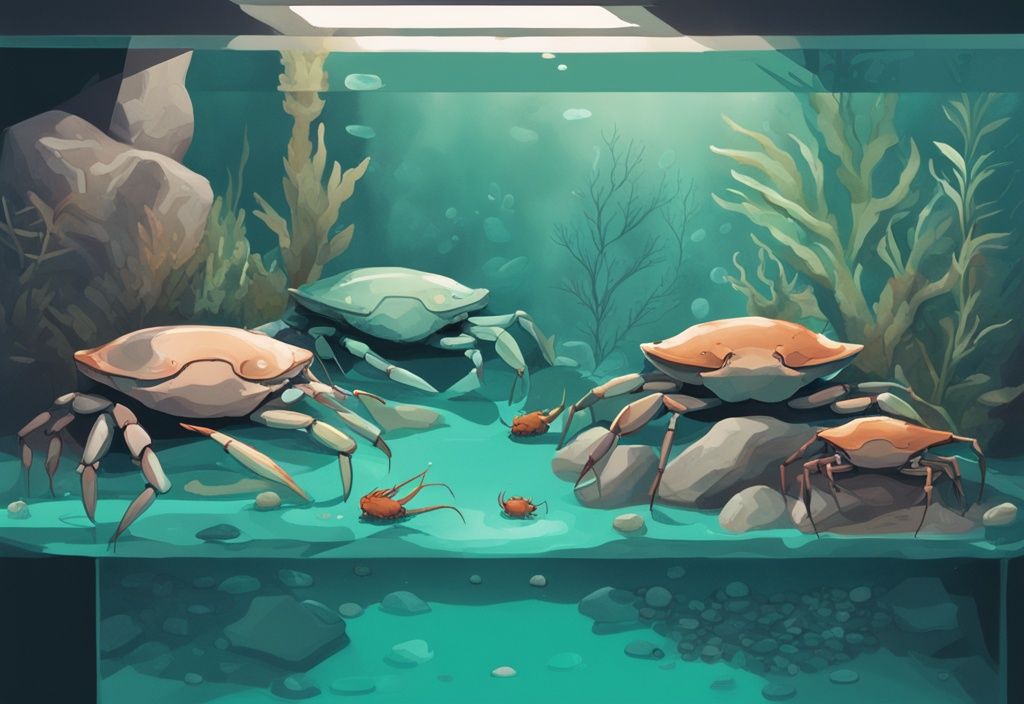 Modern digital painting of a Crab Tank Setup featuring teal-themed colors, assorted crabs, diverse rocks, plants, and a small water area.