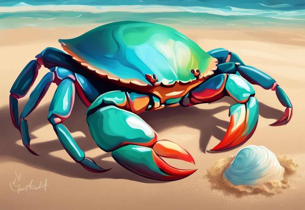 Vibrant Rainbow Crab on Teal-Themed Beach, Digital Painting Illustration