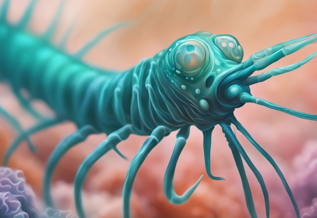 Close-up illustration of a Vorticella Shrimp in teal tones with intricate details against a blurred underwater background.