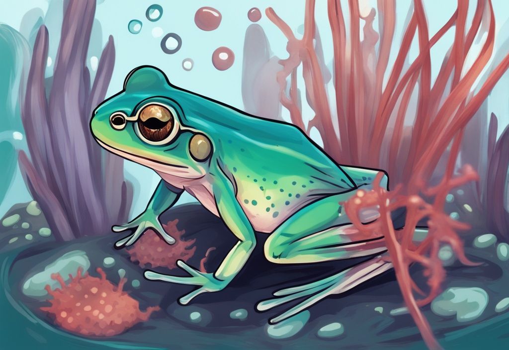 Modern digital painting of an African Dwarf Frog underwater eating brine shrimp, daphnia, and bloodworms, illustrating what do African Dwarf Frogs eat; teal color theme.