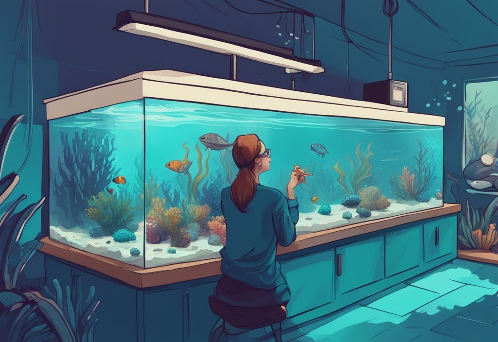 Teal-themed digital painting of beginner aquarist adding saltwater to vibrant aquarium with colorful marine life