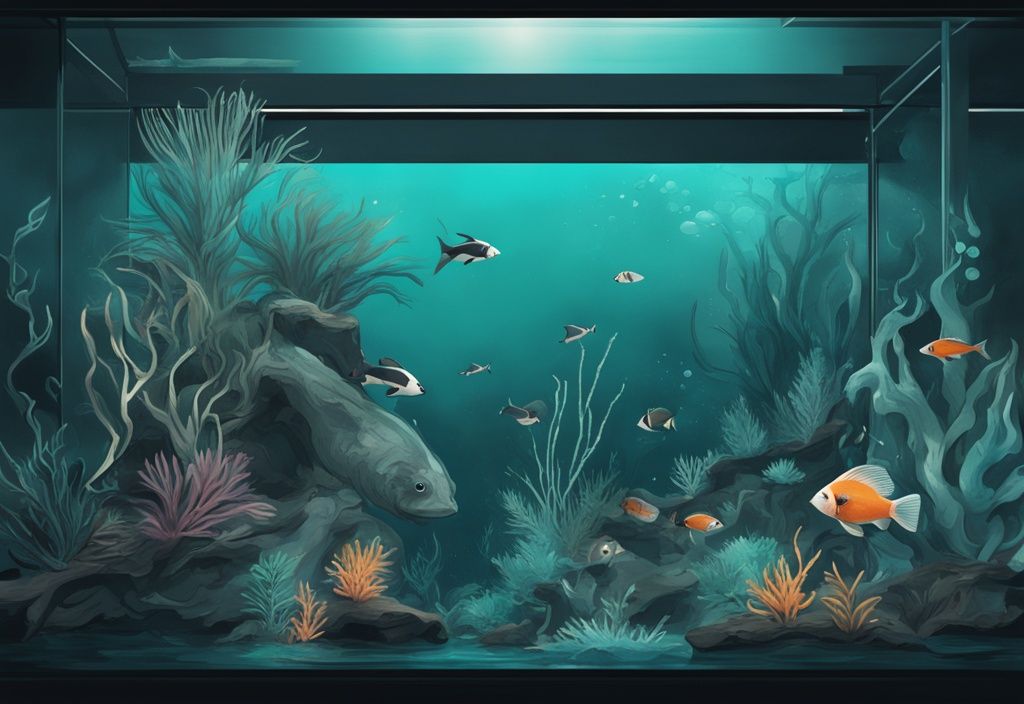 Modern digital painting of a Black Water Aquarium with teal theme, featuring exotic fish, dark aquatic plants, and driftwood in a mysterious underwater scene.