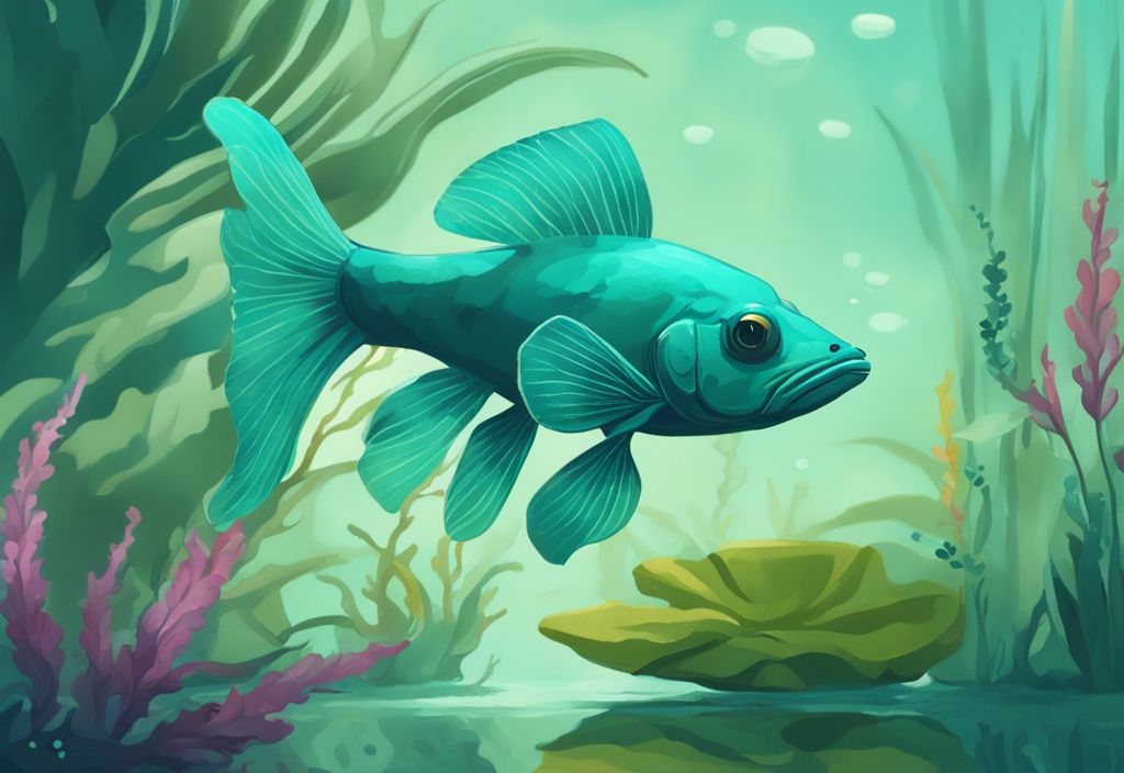 Modern digital painting of Royal Farlowella twig catfish swimming among vibrant aquatic plants in teal-themed aquarium.