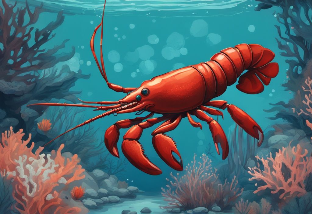 Modern digital painting of a Blue Alleni Lobster in teal underwater habitat with infographic elements; Blue Alleni Lobster guide on features and care instructions.