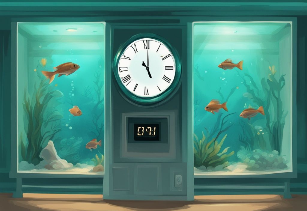 Modern digital painting of a serene aquarium scene with teal hues, featuring a digital clock indicating the best time to turn on aquarium light.