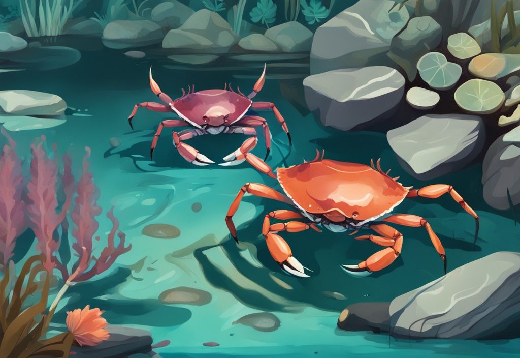 Modern digital painting of fully aquatic freshwater crabs in a vibrant teal-themed underwater scene with rocks and aquatic plants.