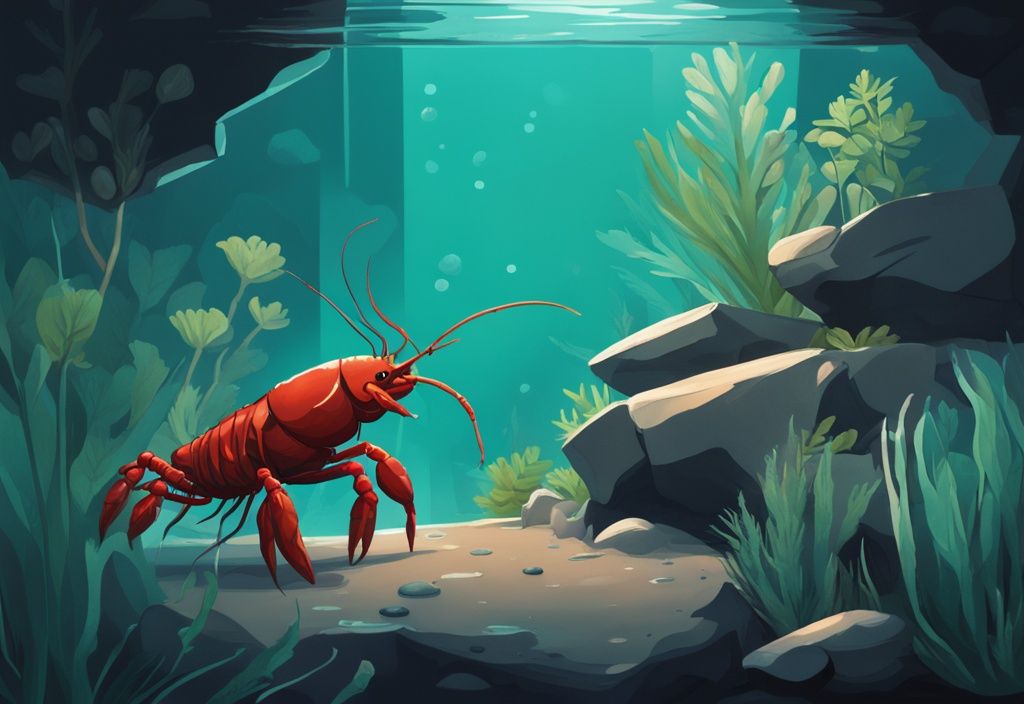 Modern digital painting of a crayfish tank setup in a well-lit aquarium with teal hues, featuring a crayfish, rocks, plants, and a small cave.