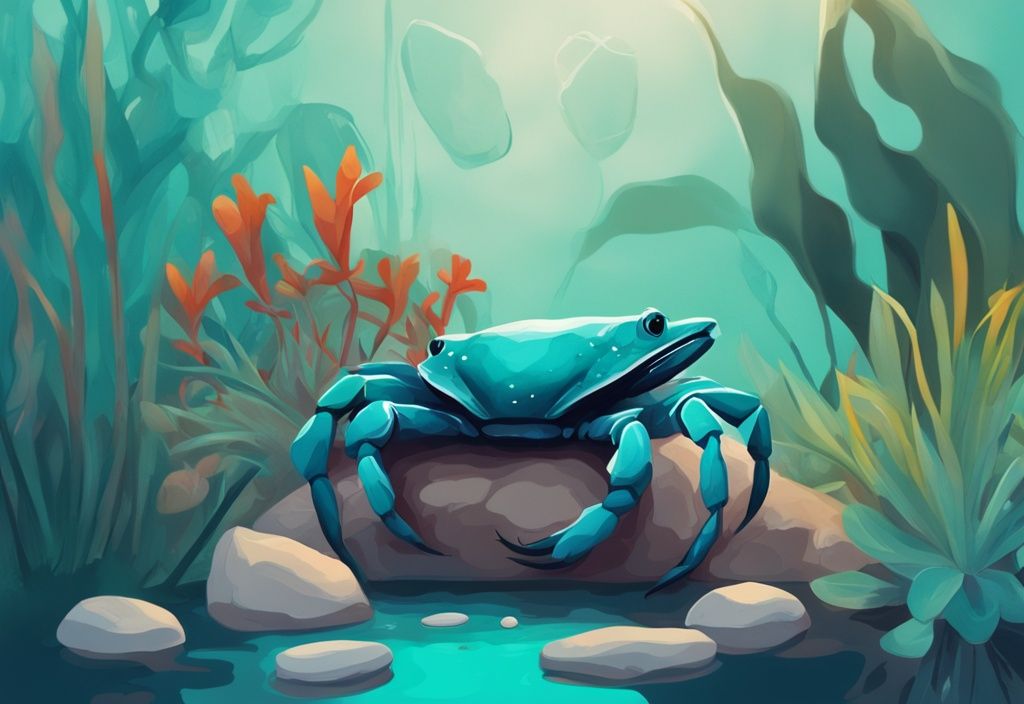 Modern digital painting of a vividly colored Panther Crab among stones and plants in a teal-themed freshwater setting.