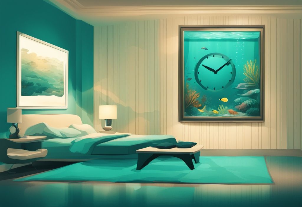 Modern digital painting of a serene aquarium scene in teal, featuring a digital clock displaying the best time to turn on aquarium light.